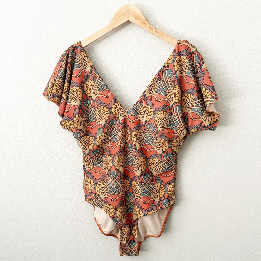 Albion Floral Print One-Piece Bikini in Rust, Mustard & Olive - Picture 2 of 5